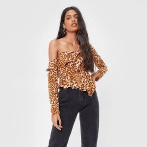 NASTY GAL Leopard Print One Shoulder Asymmetric Ruffle Blouse